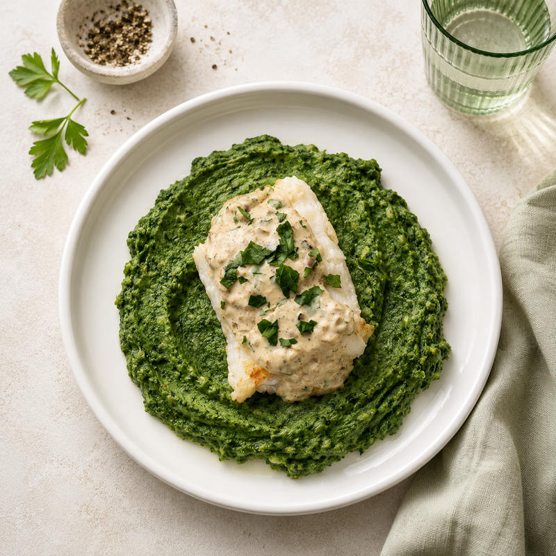 Filet de merlan purée de pomme de terre et épinard