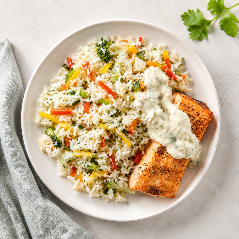 Pavés de saumon et riz aux petit légumes