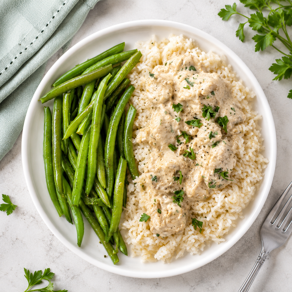 Poulet à la crème riz complet et haricot vert
