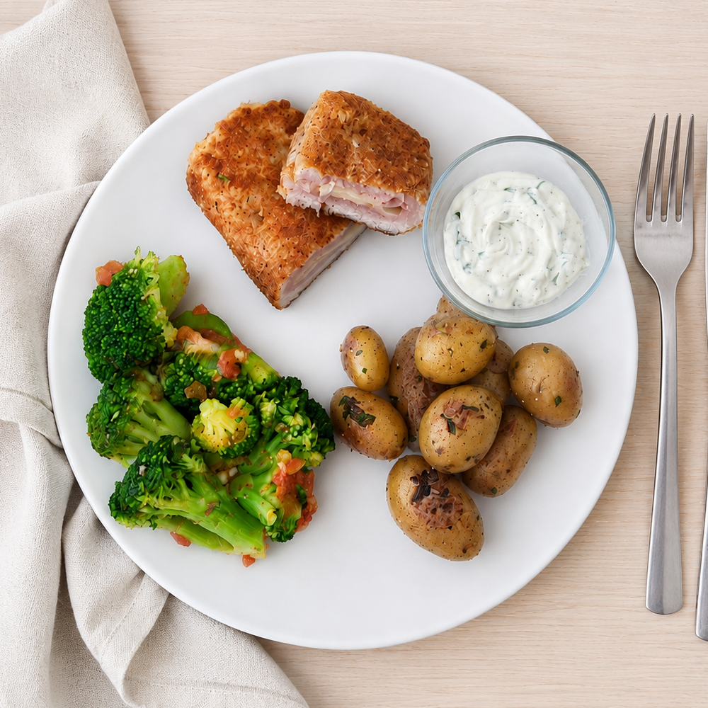 Cordon bleu et pomme grenaille brocolis