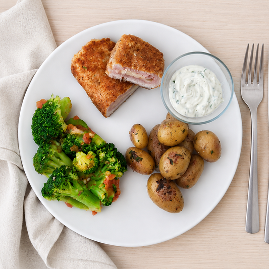 Cordon bleu et pomme grenaille brocolis